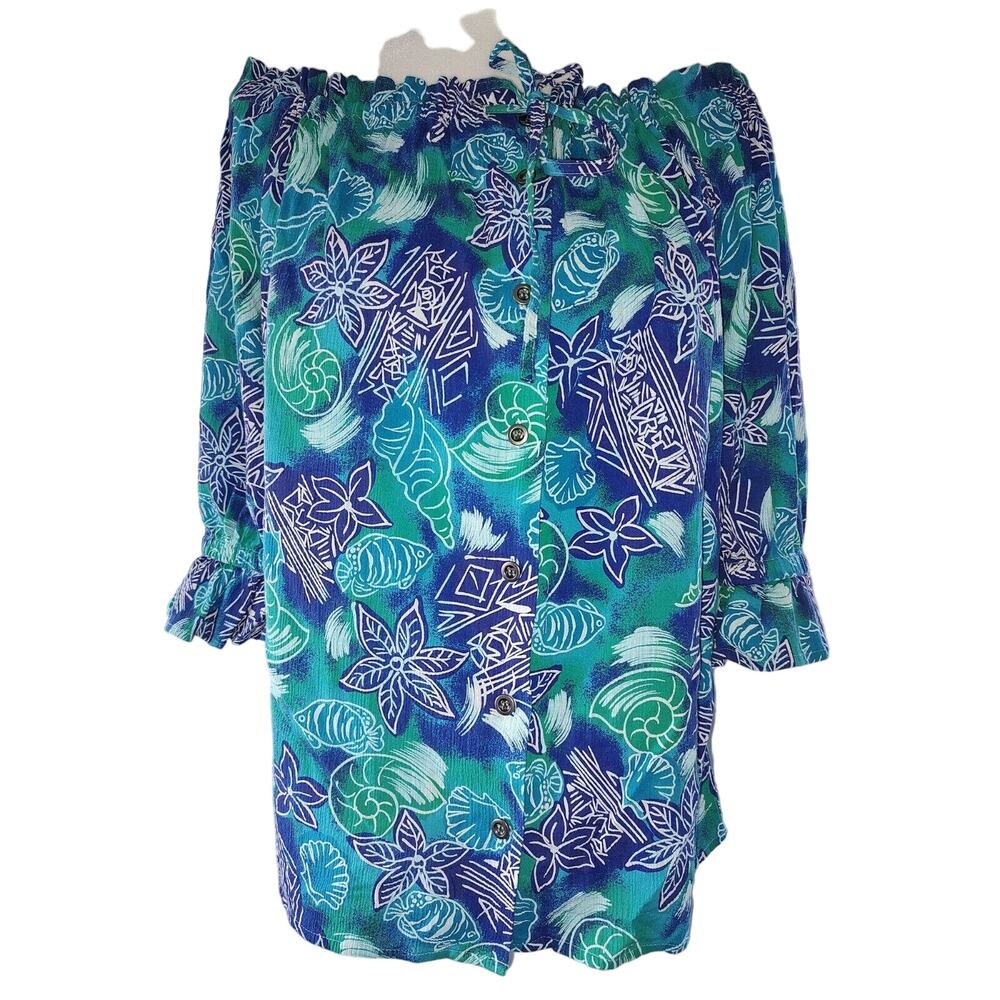 Chaus Sport Blue Green Cotton Floral Hawaiian Off/Shoulders Button Front Medium